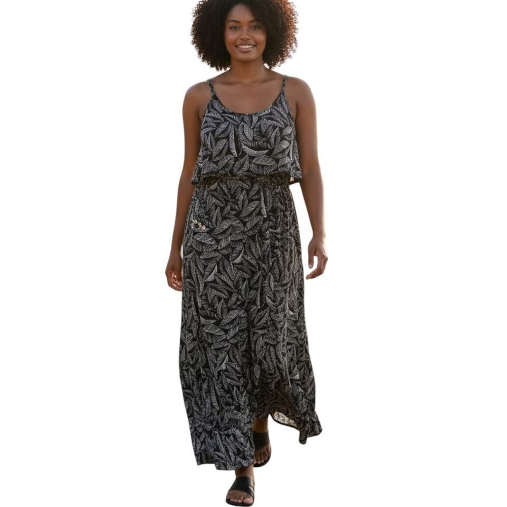 Merona Sleeveless Maxi Dress, Flounce Top Tropical Black White Size XL